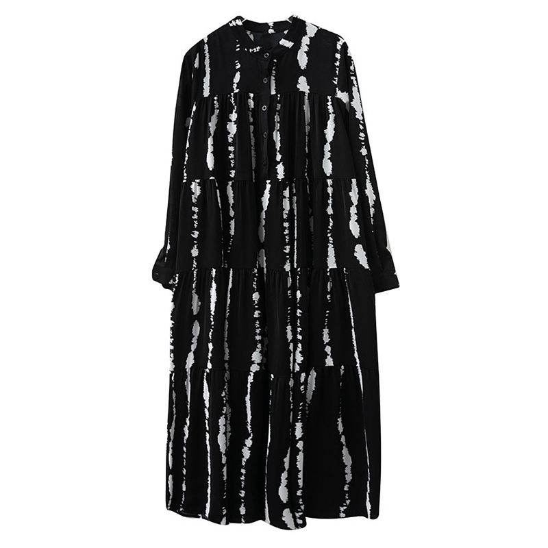 Women Black Striped Printed Long Dress Fashion Stand Collar Long Sleeve Loose Casual Dress Elegant Clothes Spring Autumn 2021 alx