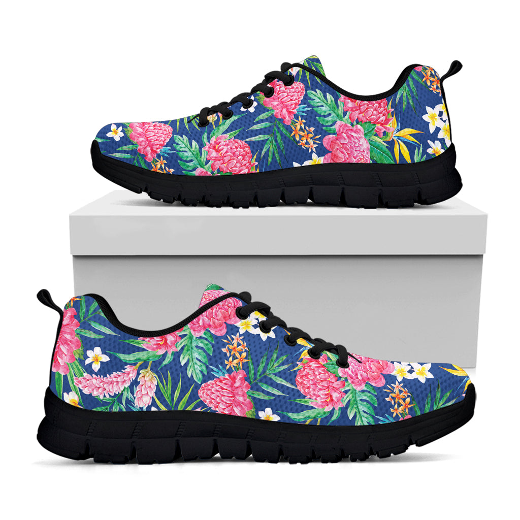 Watercolor Chrysanthemum Pattern Print Black Sneakers