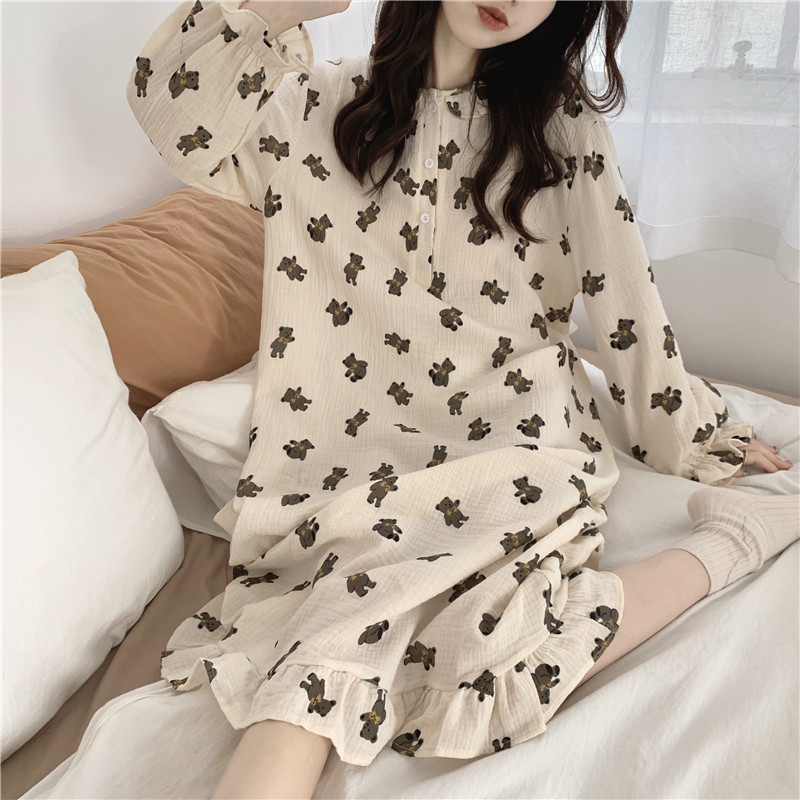 bear cartoon kawaii nightgown long sleeve ruffles gauze cotton homewear dress outwear soft women nightdress cute loose D113 alx