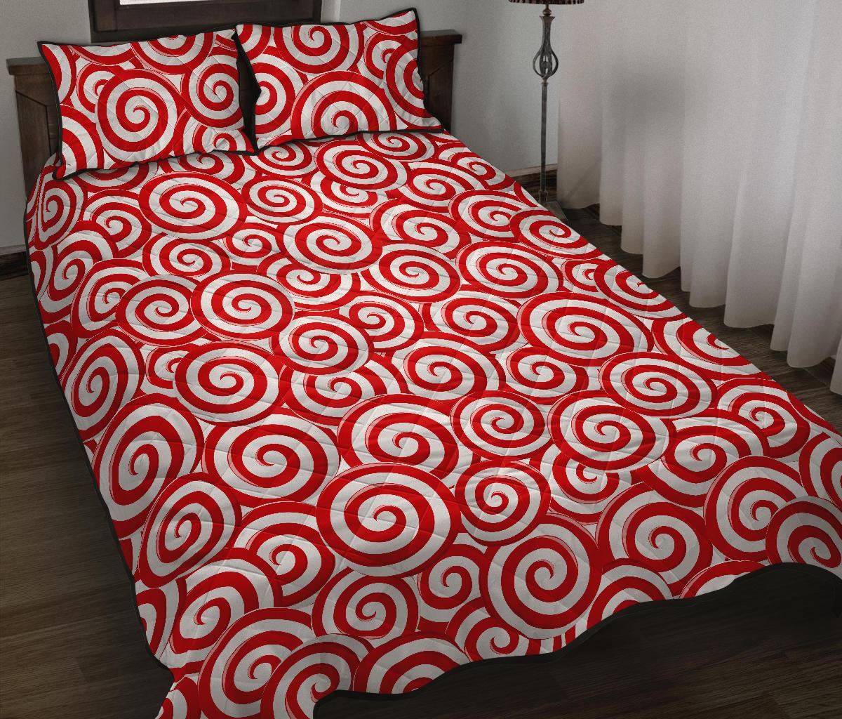 Red and White Candy Spiral Lollipops Pattern Quilt Bed Set