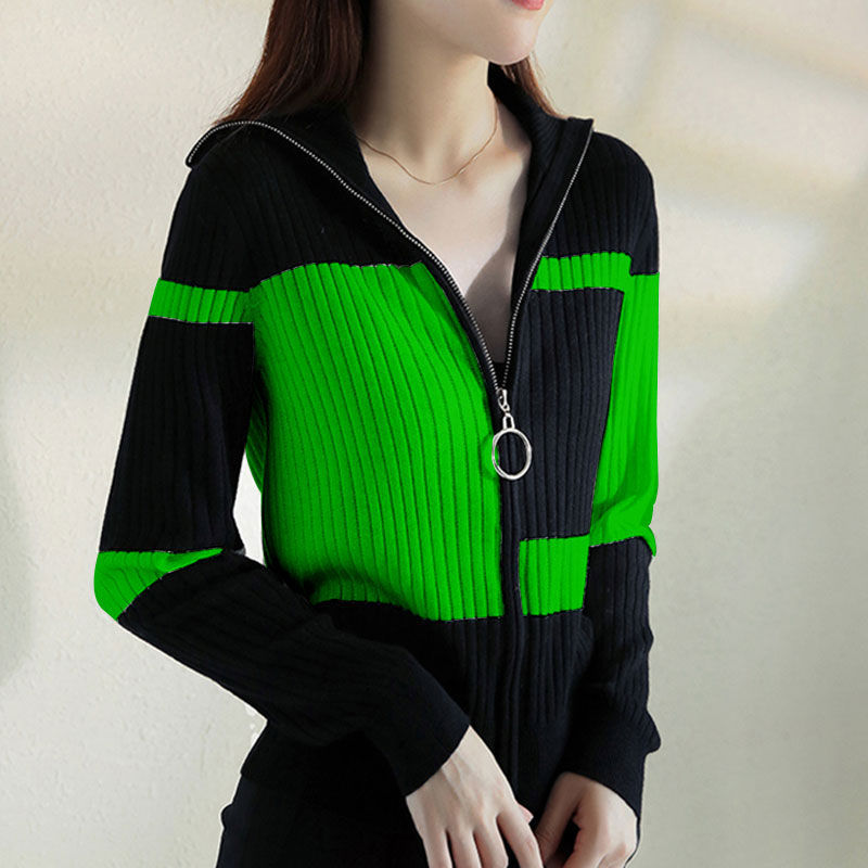 Women Cardigans Knit Sweater Coat Autumn Winter Long Sleeve Geometric Clashing Colors Zipper Female Fashion Casual Sweaters alx