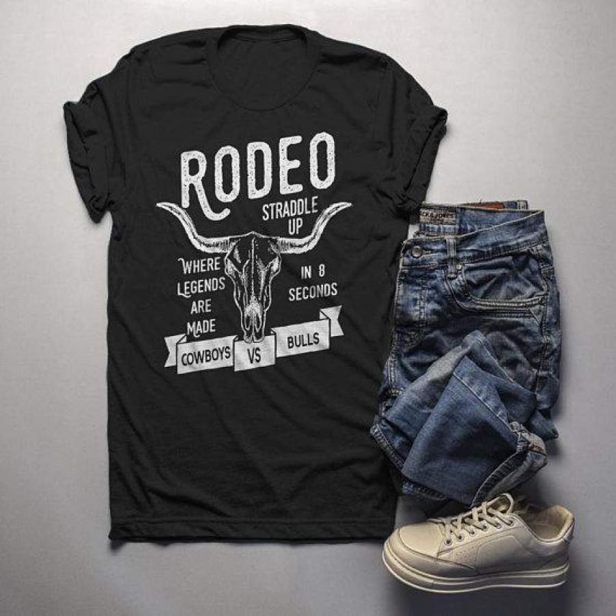 Men’s Rodeo T Shirt Cowboys Vs. Bulls Shirt Vintage Cow Skull Graphic Tee Straddle Up