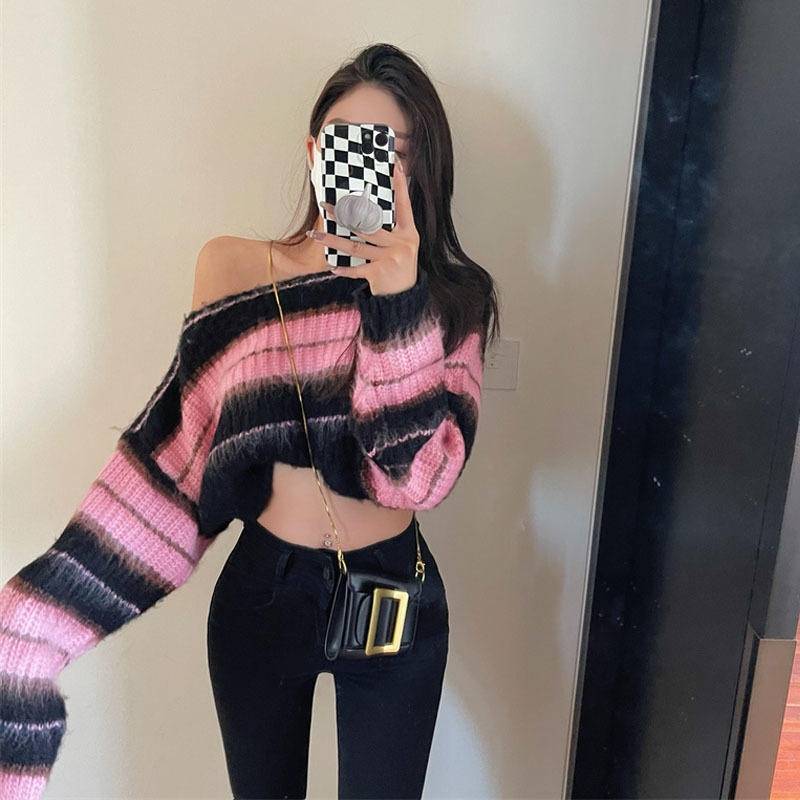 Y2K Korean Style Pink Cropped Sweater Women Striped Jumper Vintage Female Autumn Long Sleeve Crewneck Pullovers Tops alx