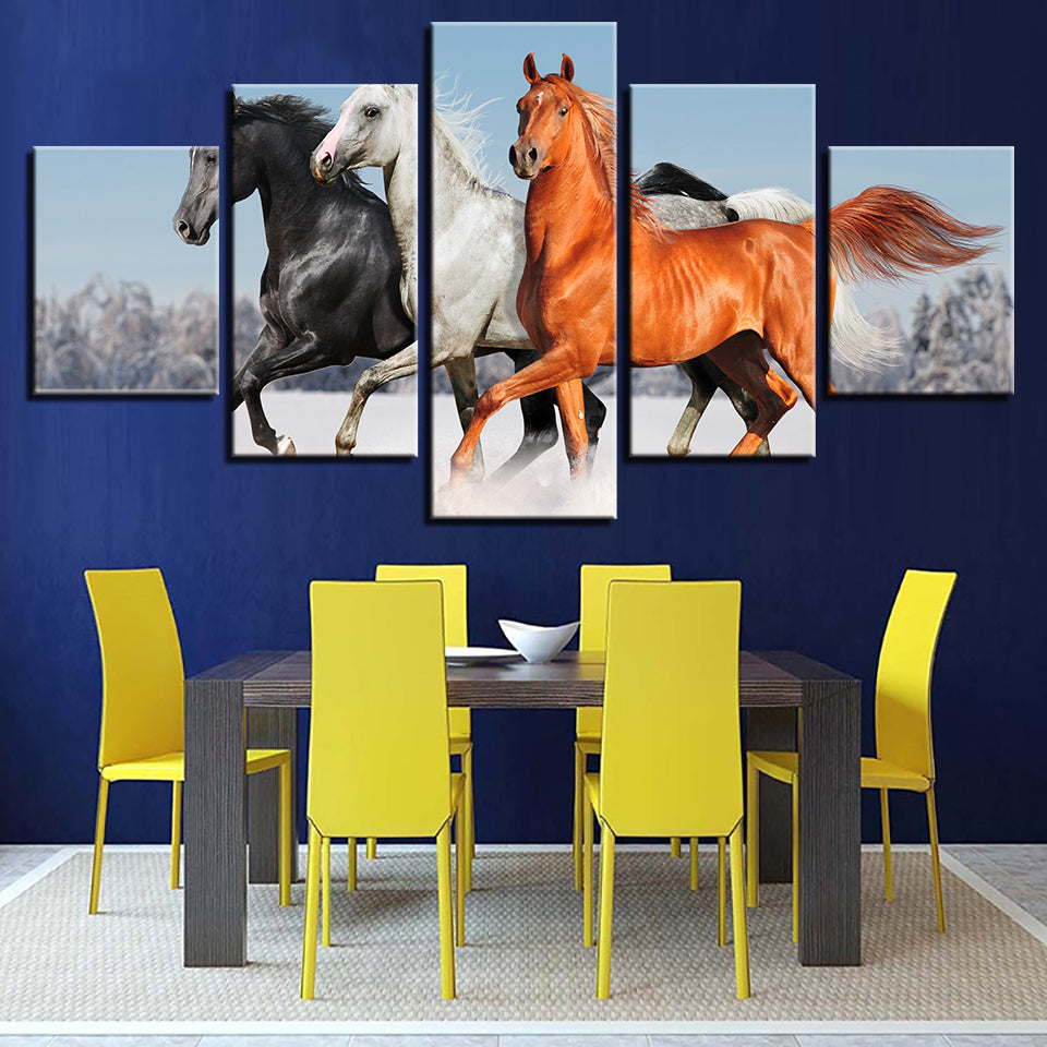 Black White Red Brown Horses Walking Canvas Wall Art Animal 5 Pieces Home Decoration