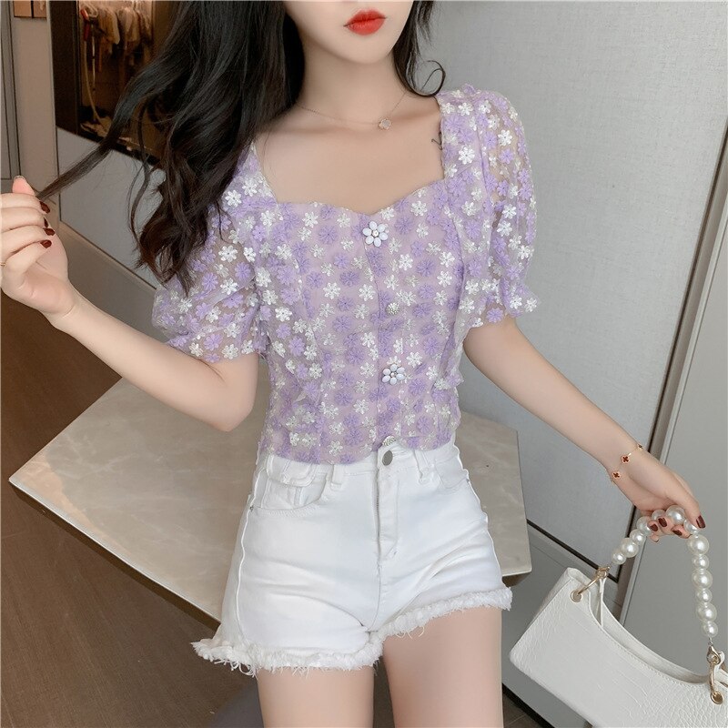 Women Tops 2020 Summer Flowers Embroidered Square Neck Puff Sleeve Mesh Dames Blouse See Through Crop Top Fashion Shirt Purple alx