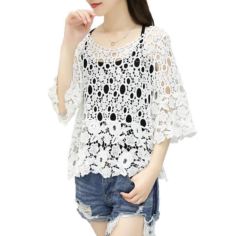 2022 Women Summer New Solid Color Hollow Sexy Knitted Tops Female Sweater Loose Tops Ladies Hook Flower Sleeve Pullovers W22 alx