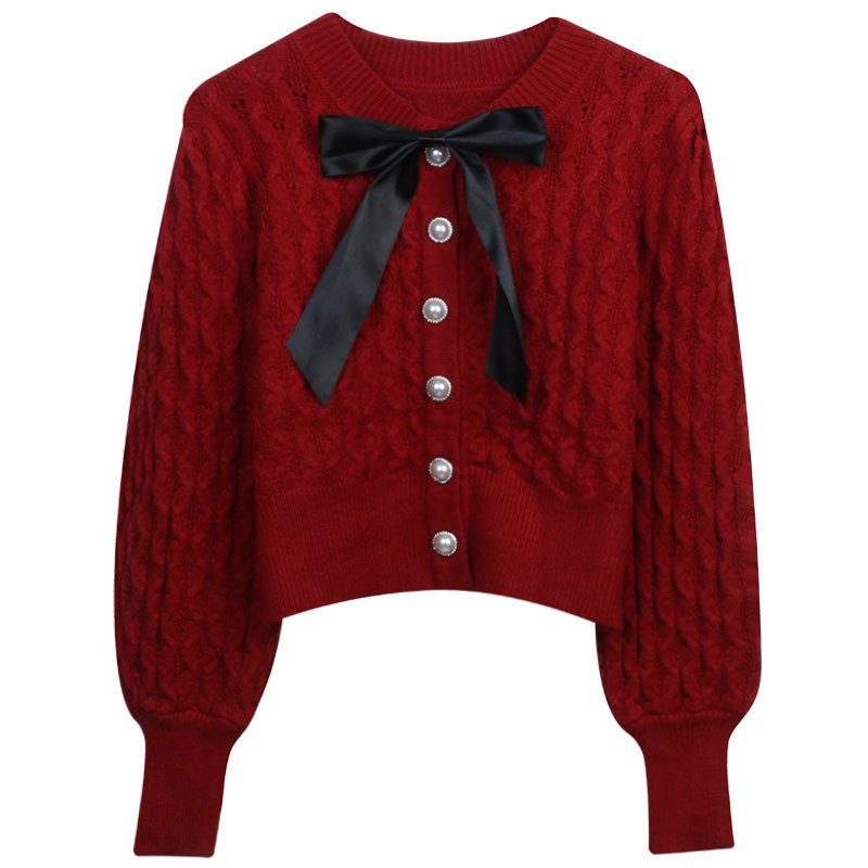 Chic Bow Sweater Cardigans Women Coat Autumn Winter Hollow Out Pullovers Crop Tops Pearl Button Knitted Jumper Female Pull Y2K alx