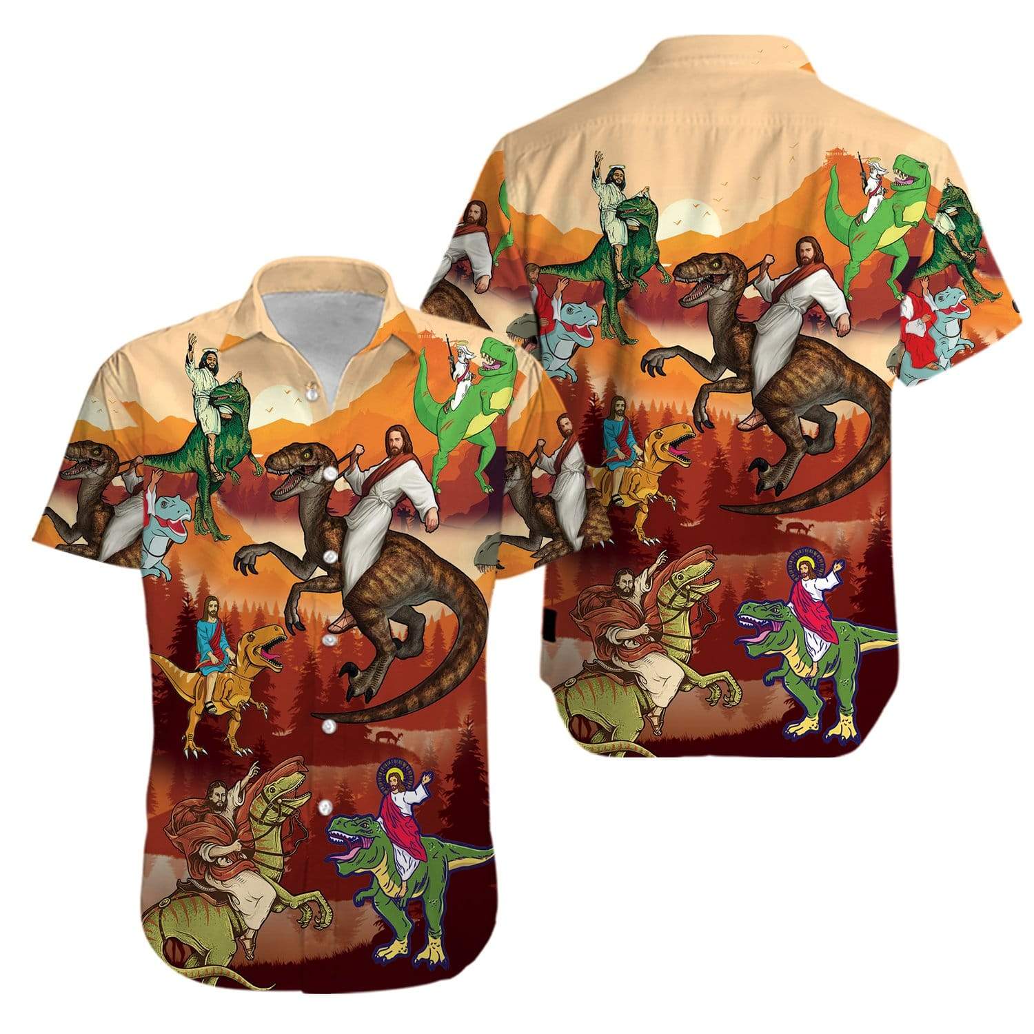 Dinosaur Hawaiian Shirt Jesus Riding Pattern Orange Hawaiian Aloha Ha8441