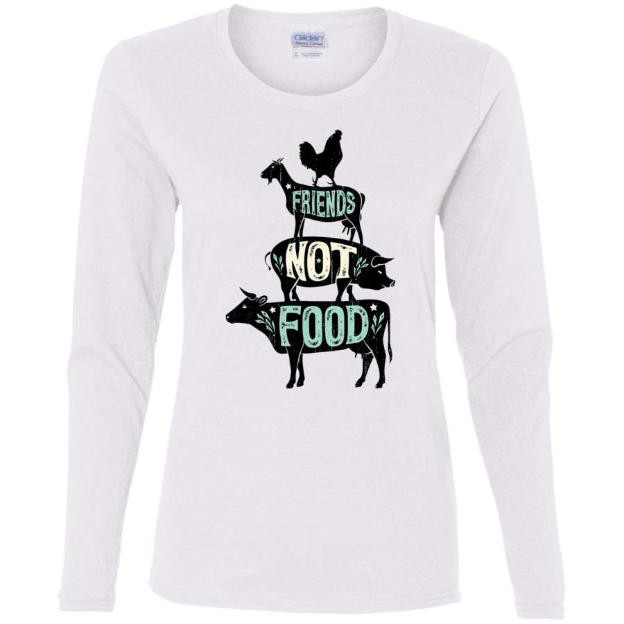 AGR Friends Not Food – Vegan Vegetarian Animal Lovers T-Shirt – Vintage Distressed_2 Ladies’ Cotton LS T-Shirt