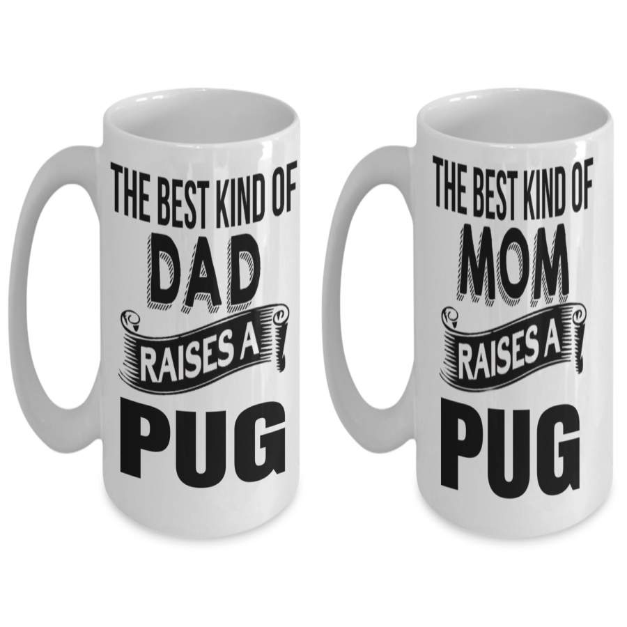 Dog Lover Gift – Best Pug Mom Dad – Puppy Supplies Bundle 2 Pack Gift Coffee Mugs – 11 Oz Funny Dog Mugs – Coffee Mug Bundle – Pug Mug Gifts For Dad