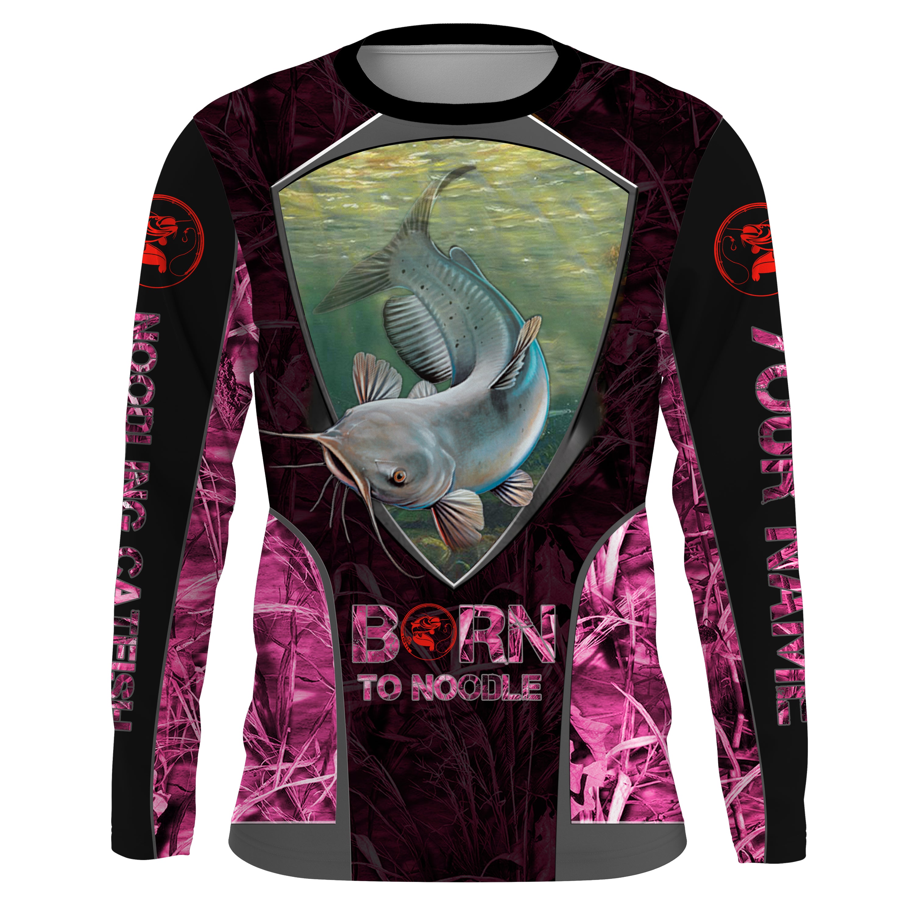 Noodling Catfish “Born To Noodle” Pink Camo Custom Sun Protection Shirt, Gift For Noodling Girl Fsd3272