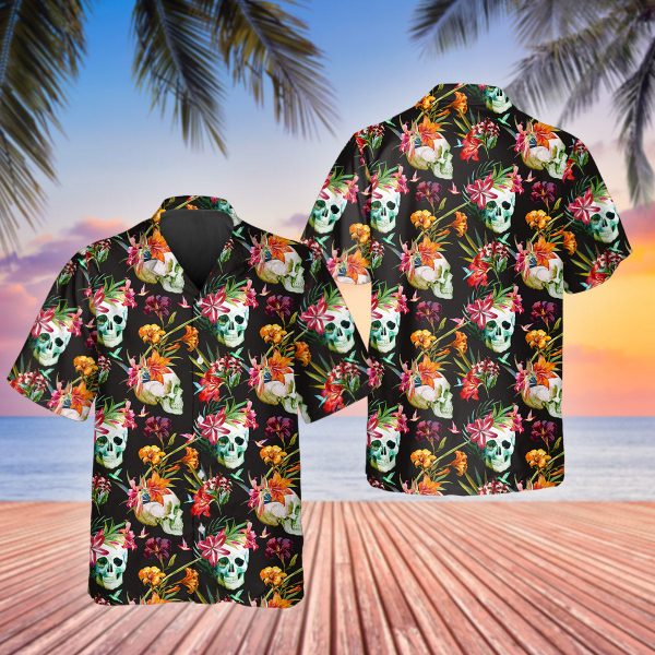 Happy Summer Grinning Skull Printed Hawaii Flower Hawaii Aloha Shirt Ha20928