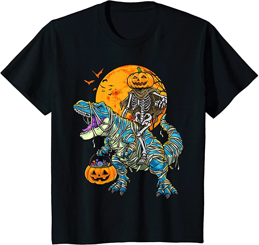 Kids Halloween Dinosaur T Rex Skeleton Pumpkin Candy T-Shirt