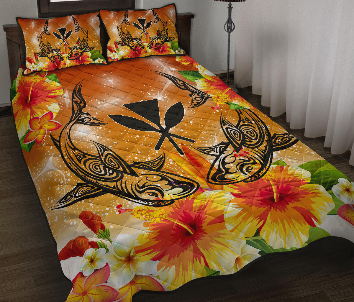 Alohawaii Home Set – Hawaii Shark Hibiscus Plumeria Kanaka Quilt Bed Set – Star Style – Ah – Ja