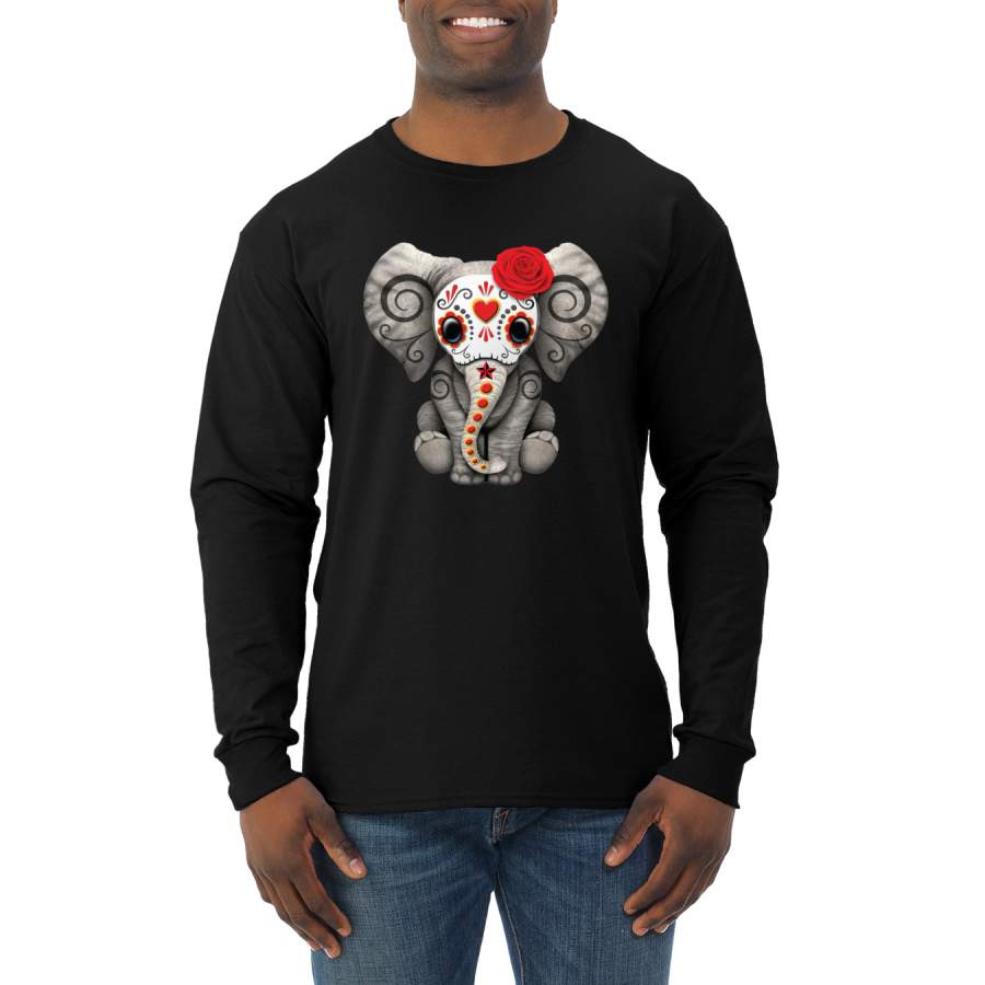 Funny Cute Elephant Skull Mask Roses Carnival Pop Culture Mens Long Sleeve Shirt