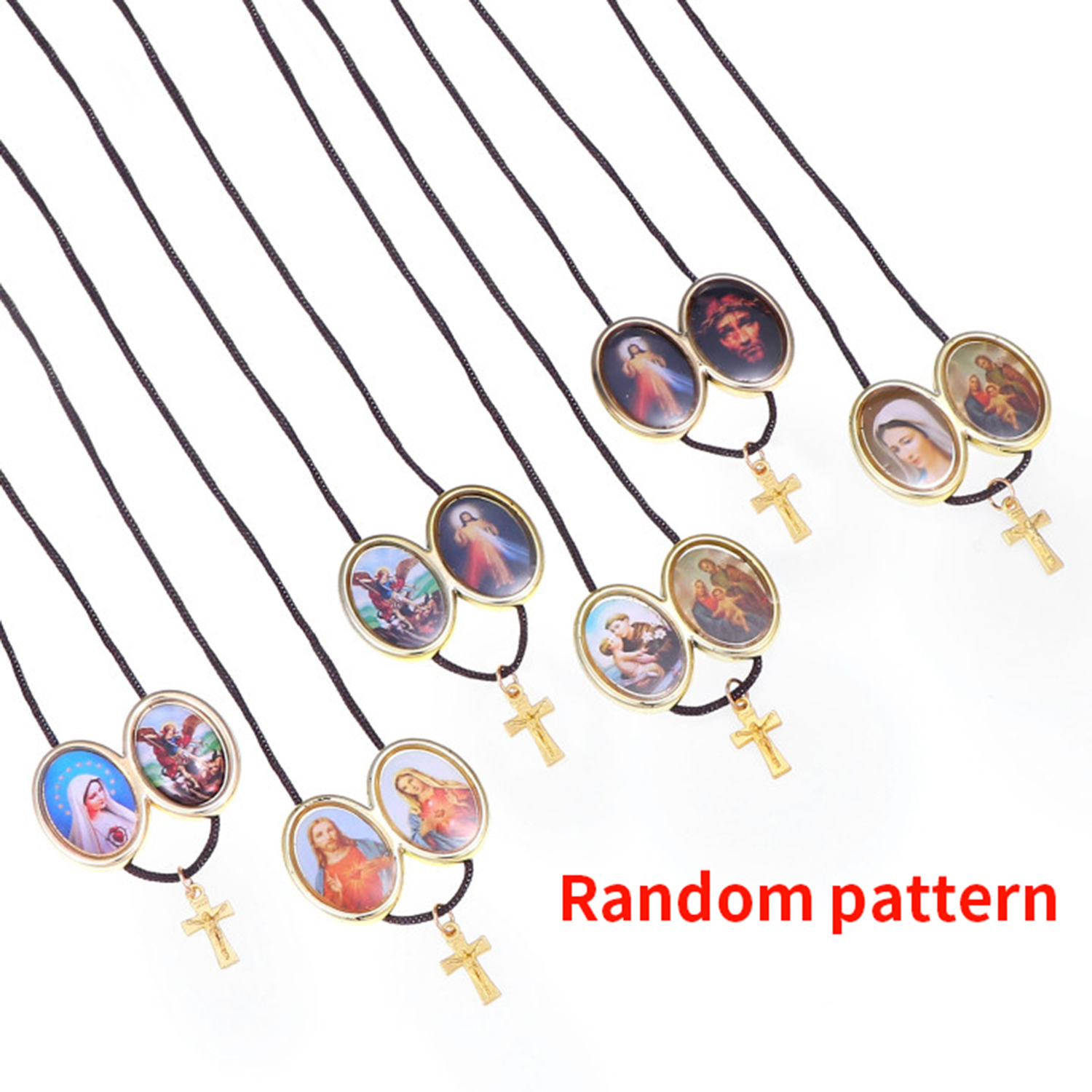 2Set Various Shapes Catholic Necklaces Simple Rope Chain With Virgin Jesus Photo Plastic Pendant Random Pattern Cross Pendant alx