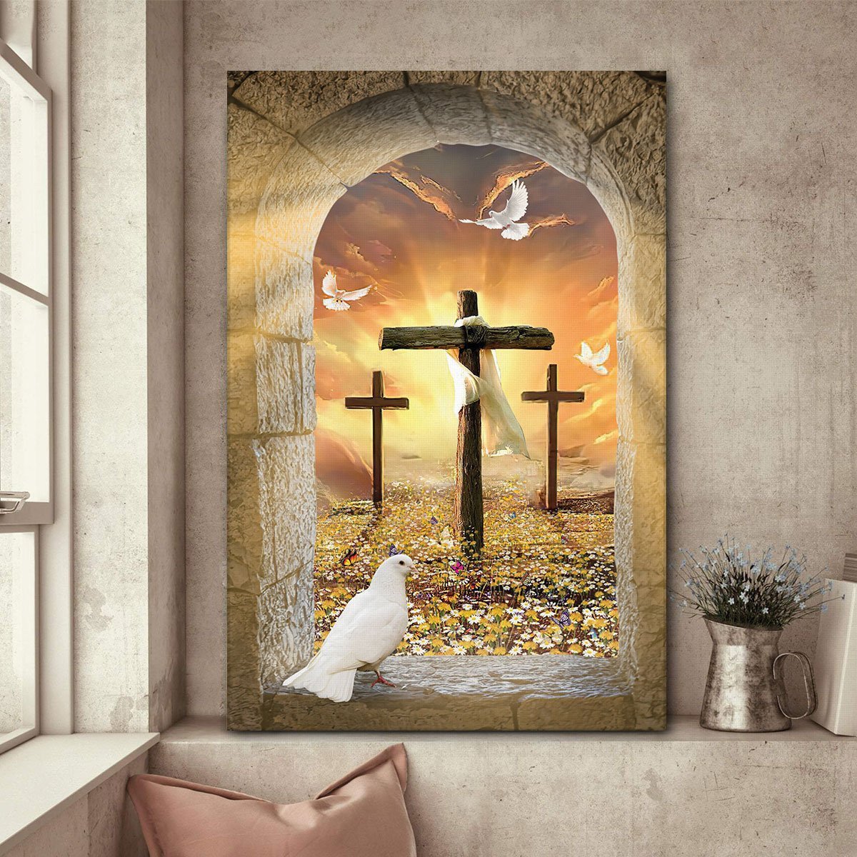 Beautiful Pigeon And Cross Canvas Ha281 Gift For Family, Wall Art Decor, Canvas Print, Home Decor