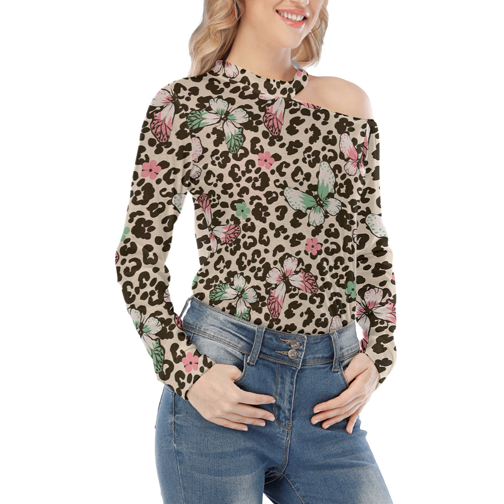 Butterflies On Leopard Dots Off Shoulder Knitted Long Sleeve T-Shirt