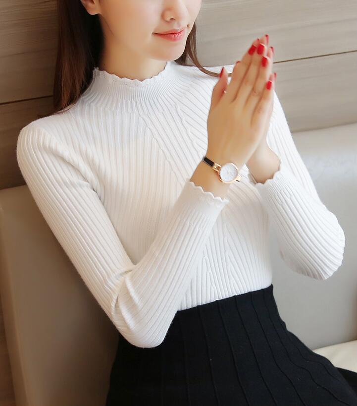 Autumn Winter Women Ladies Long Sleeve Lace Knitted Turtleneck Pull Sweater Shirts Top Femme Korean Stretchable Casual Pullover alx