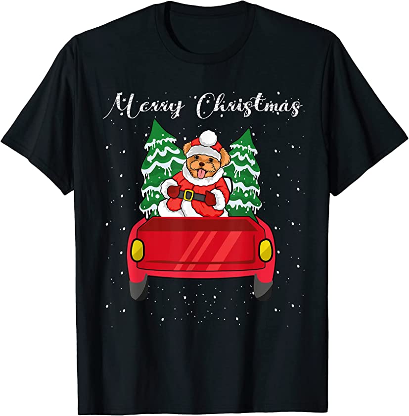 Puppy Dog Riding Christmas Truck Santa Hat Matching Family T-Shirt