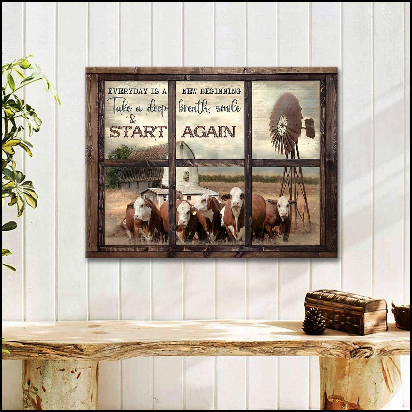 Vintage Window Everyday Is A New Beginning Take A Deep Breath Smile And Start Again Hereford Cows Farm Farmhouse Canvas Poster Print, Canvas Wall Decor