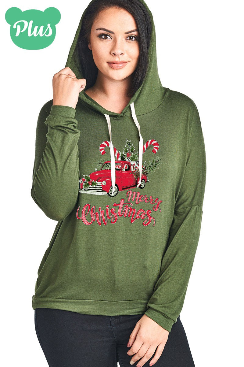 Sale Merry Christmas Truck Candy Cane Holiday Long Sleeve Hoodie