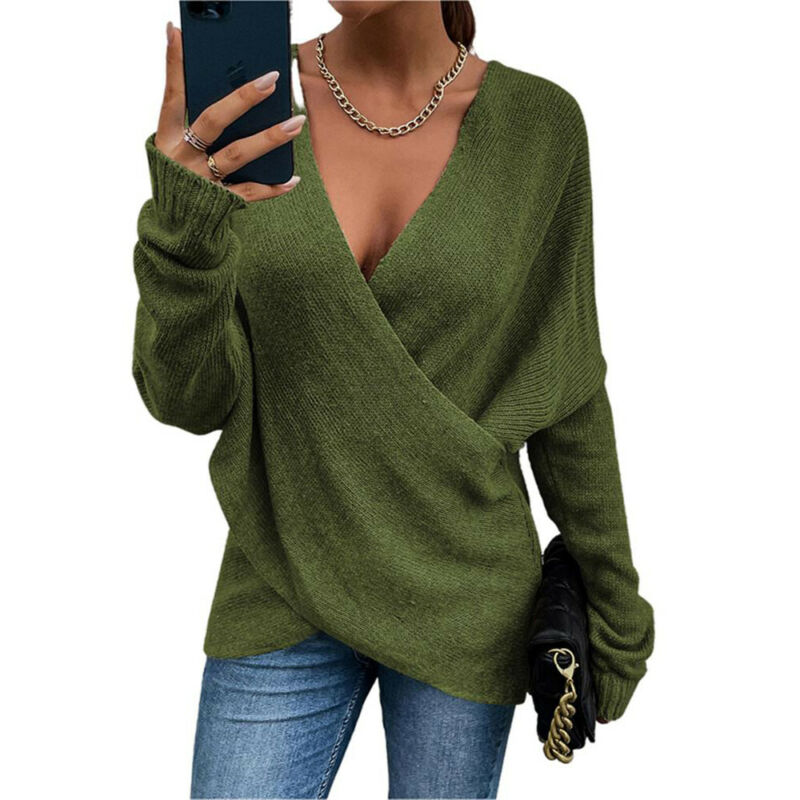 V-neck Cross Front Sexy Office Clothes Solid Jumper Casual Sweaters Women Sweater Fall Knit Sweater Women Long Sleeve Deep alx