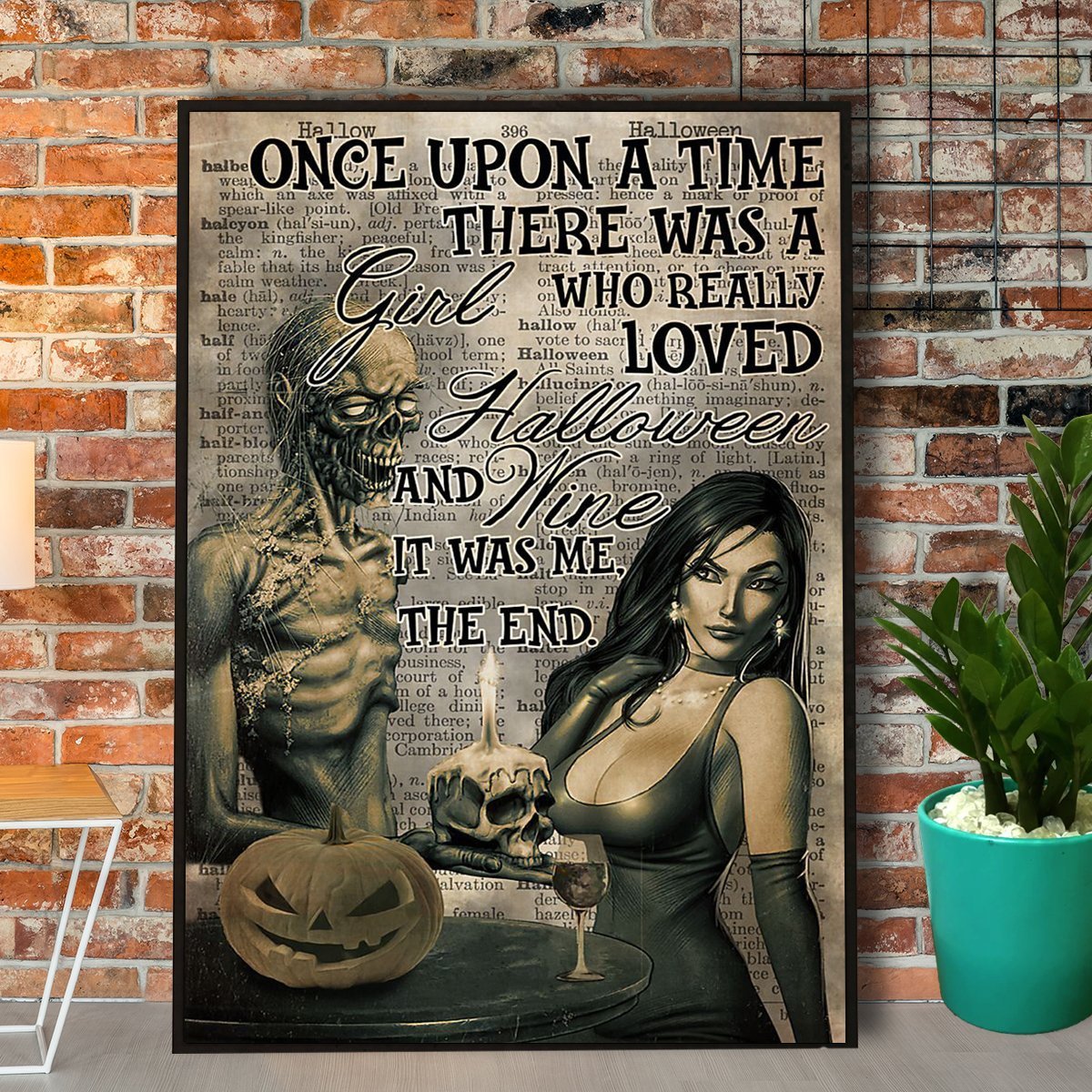 Halloween Skeleton & Girl Loved Halloween And Wine Pumpkin Poster No Frame Matte Canvas, Wall Decor Visual Art