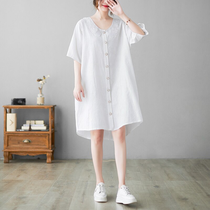 #3245 Summer White Shirt Dress Women Short Sleeve Loose Irregular Shirt Female Front Button Vintage Ladies Dresses Embroidery alx