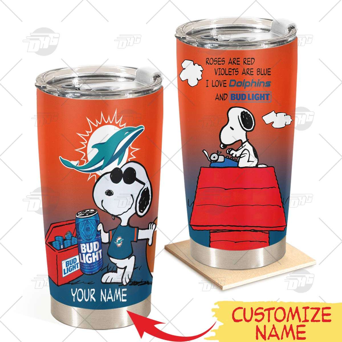 Personalized Miami Dolphins Tumbler Snoopy Bud Light Beer Lover Stainless Steel Tumbler 20Oz 30Oz