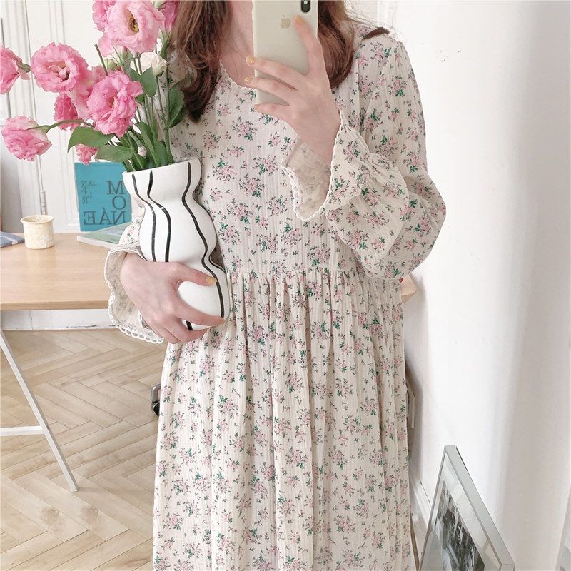 women nightgown 100% cotton crepe home dress spring autumn flare sleeve loose vintage floral print nightdress gauze kawaii L464 alx