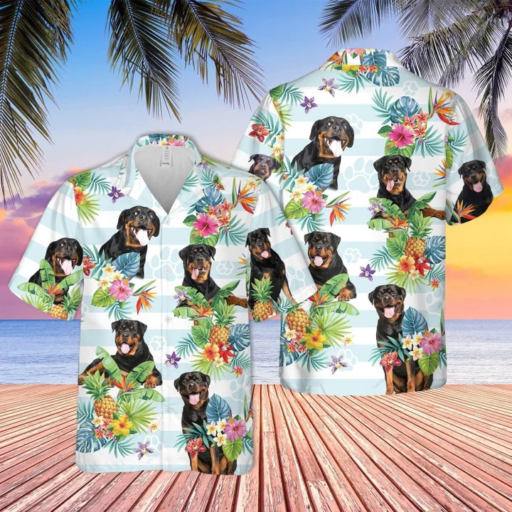 Rottweiler Hawaii Dog Tropical Flower Blue And White Striped Hawaii Shirt Ha58833