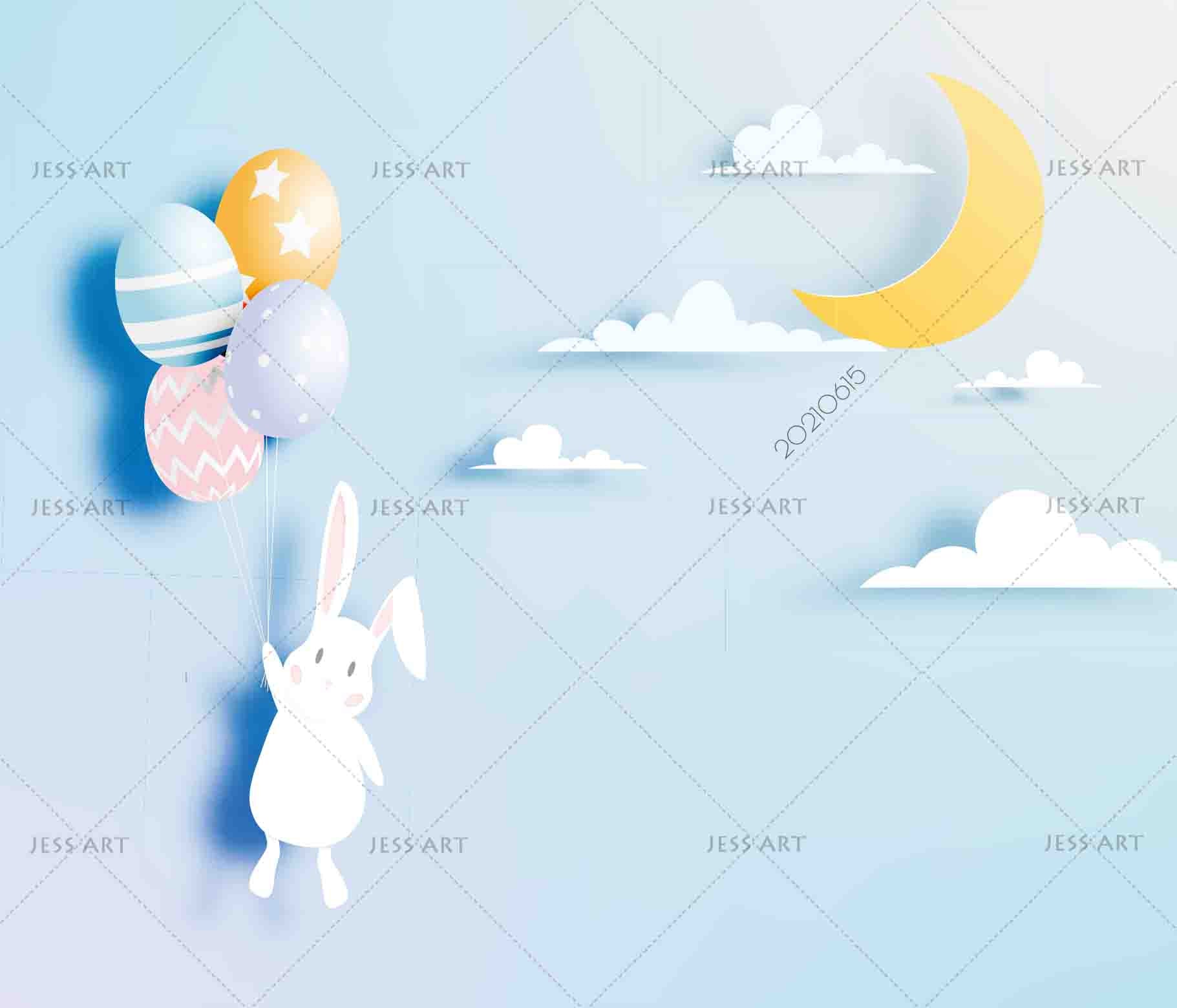 3D Northern Europe Hand-Painted Rabbit Balloon Moon Wall Mural Wallpaper Sww2471