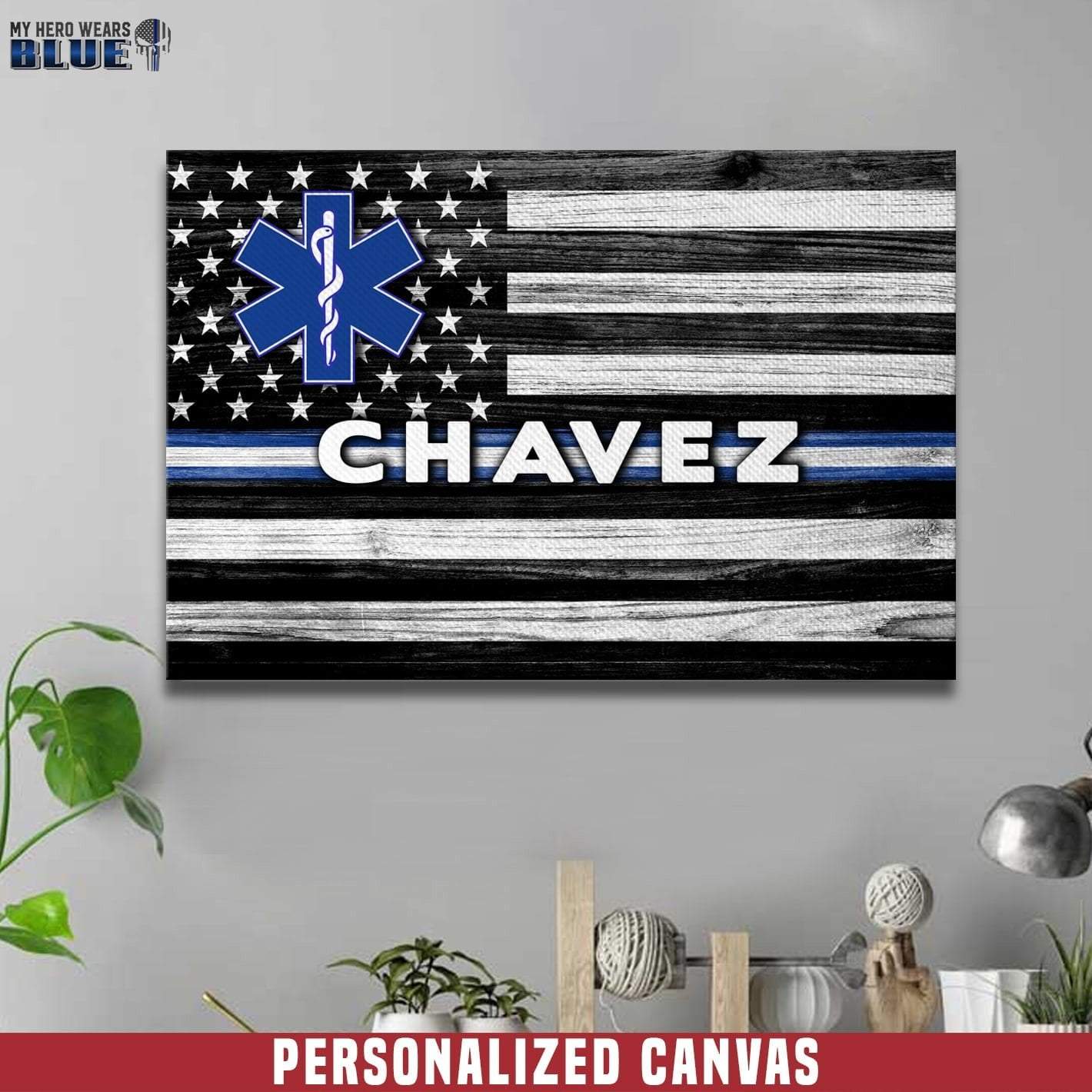 Thin White Line Flag – Ems Logo – Ver 2 Personalized Canvas Print