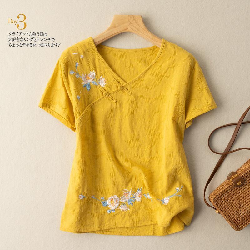 2021 New Arrival Summer Women V-neck Short Sleeve Blouse Button Design Floral Embroidery Cotton Linen Casual Shirts W525 alx