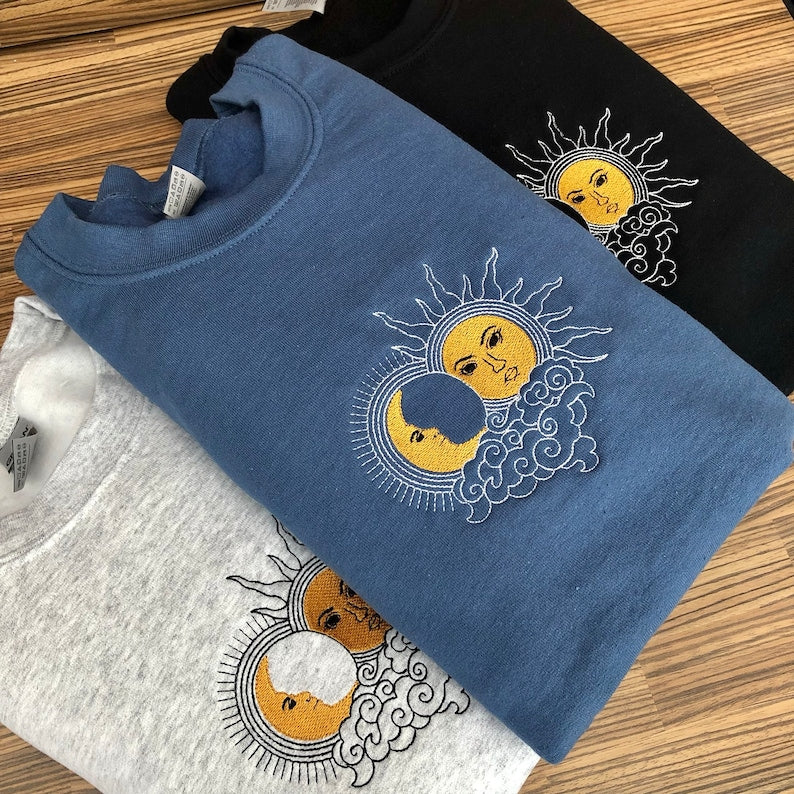 Sun And Moon Embroidered Sweatshirt 2D Crewneck Sweatshirt All Over Print Sweatshirt For Women Sweatshirt For Men Sws3427