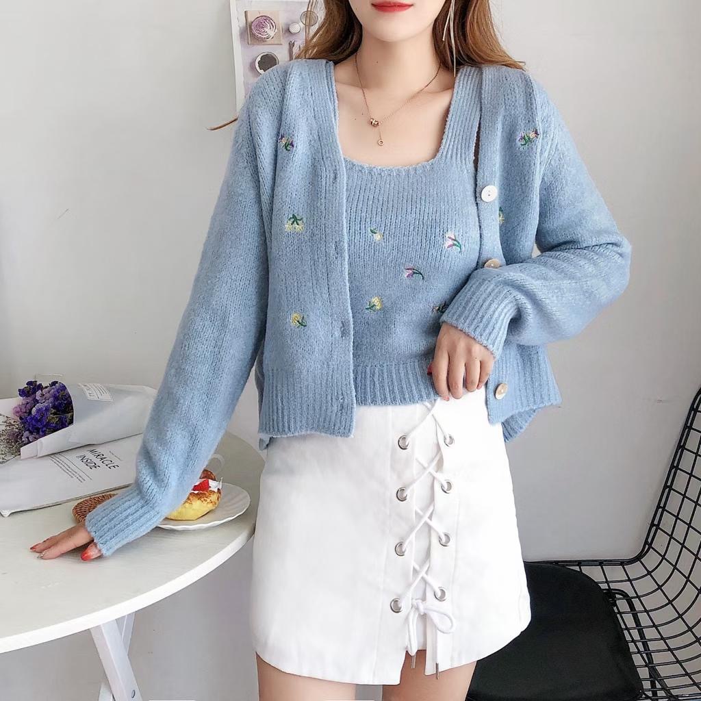 2022 Fashion Two-piece Tops Cardigan Suit Korean Style Slim Sweet Jacket Sets Flower Embroidered Knitted Cardigan Sling Sweater alx