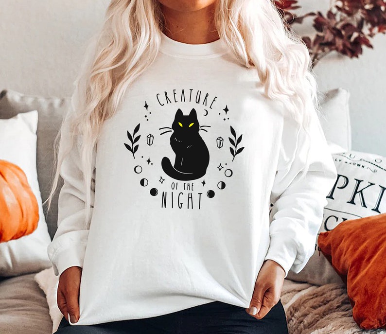 Creature Of The Night Sweatshirt, Halloween Black Cat Crewneck Sweatshirt All Over Print Sweatshirt For Women Sweatshirt For Men Sws1261