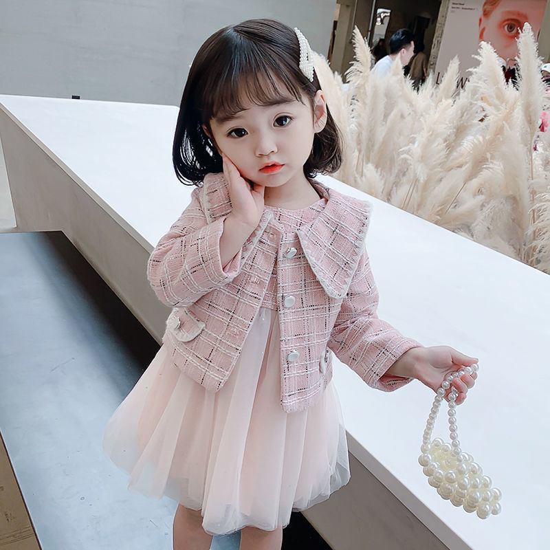 2021 Baby Girls Fashion Clothing Set Plaid Jacket+mesh Dress,Kids Toddlers Spring Autumn 2pcs Princess Suits Children Clothes alx