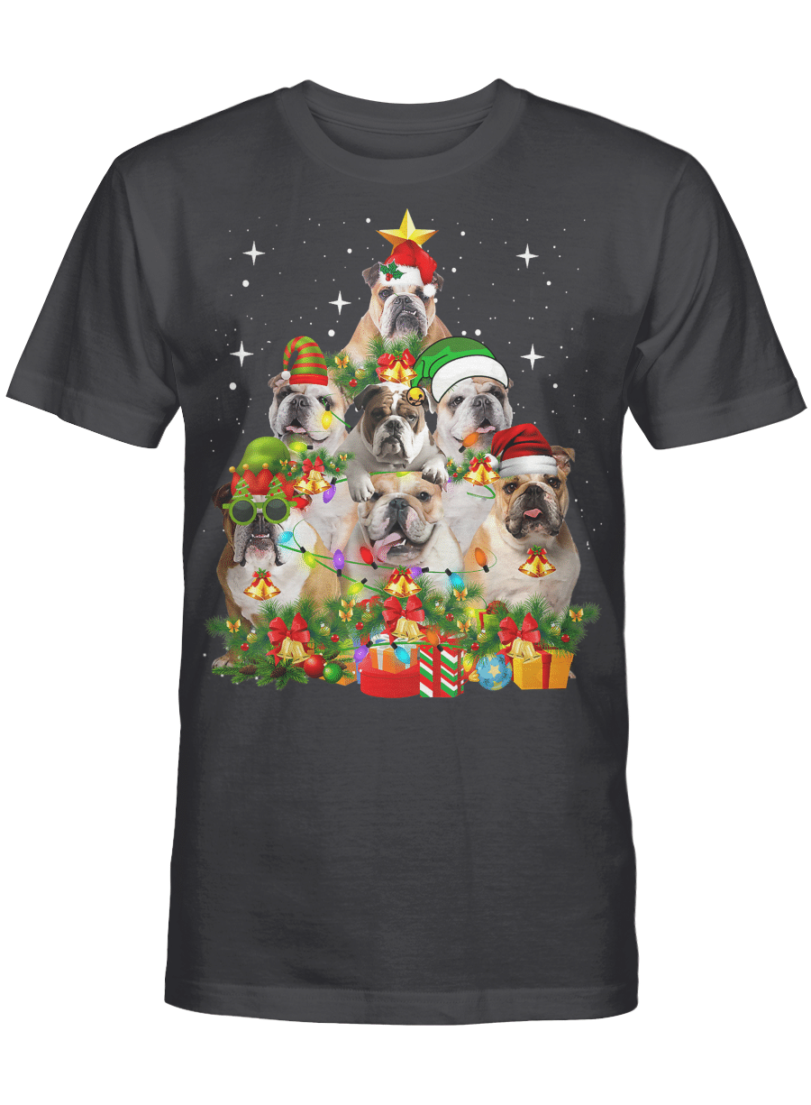 AmazeStyleZ Santa’s Reindeer, Ugly Christmas Sweater, Christmas Gift Ideas, Funny English Bulldog Christmas Tree Xmas T-Shirt