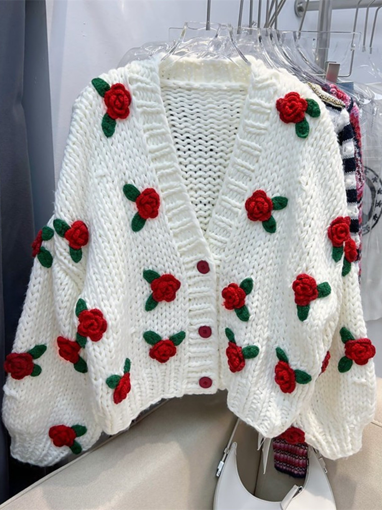 2022 New Fall Winter Sweater for Women Heavy Industry Crochet Thick V-neck Flower Knitted Cardigan Thickened Sweaters Coat Woman alx