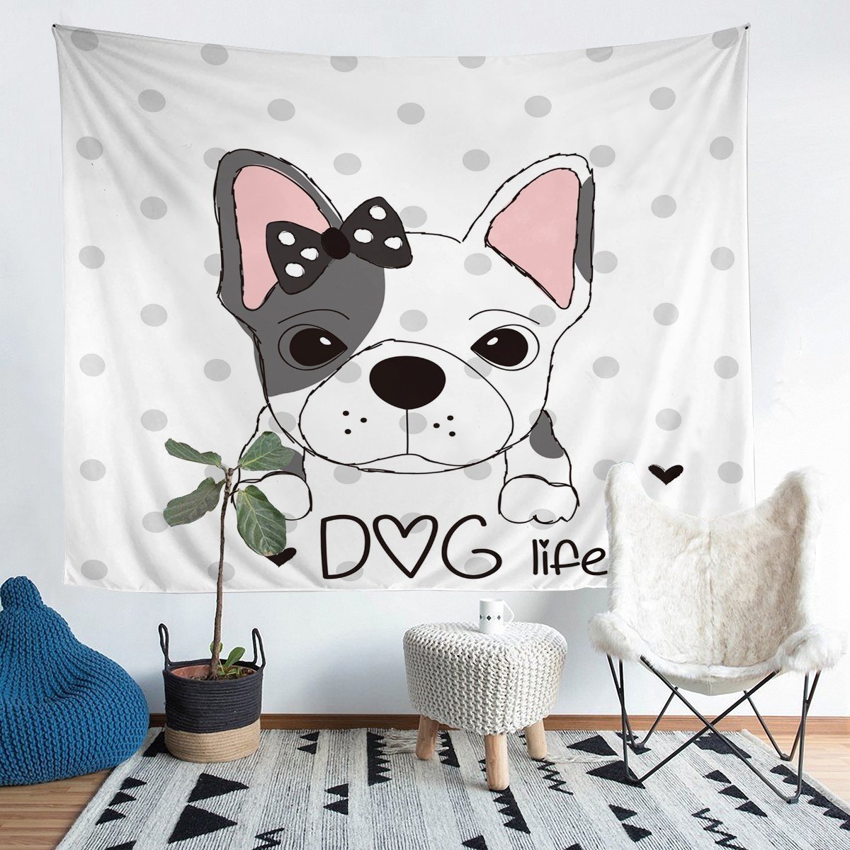 Puppy Dog Bedding Throw Blanket Kids Boys Girls Cartoon Pug Dog Tapestries Wall Hanging 3D Dog Print Tapestry Cute Animal Grey Dots Wall Blanket,Bedding Collection