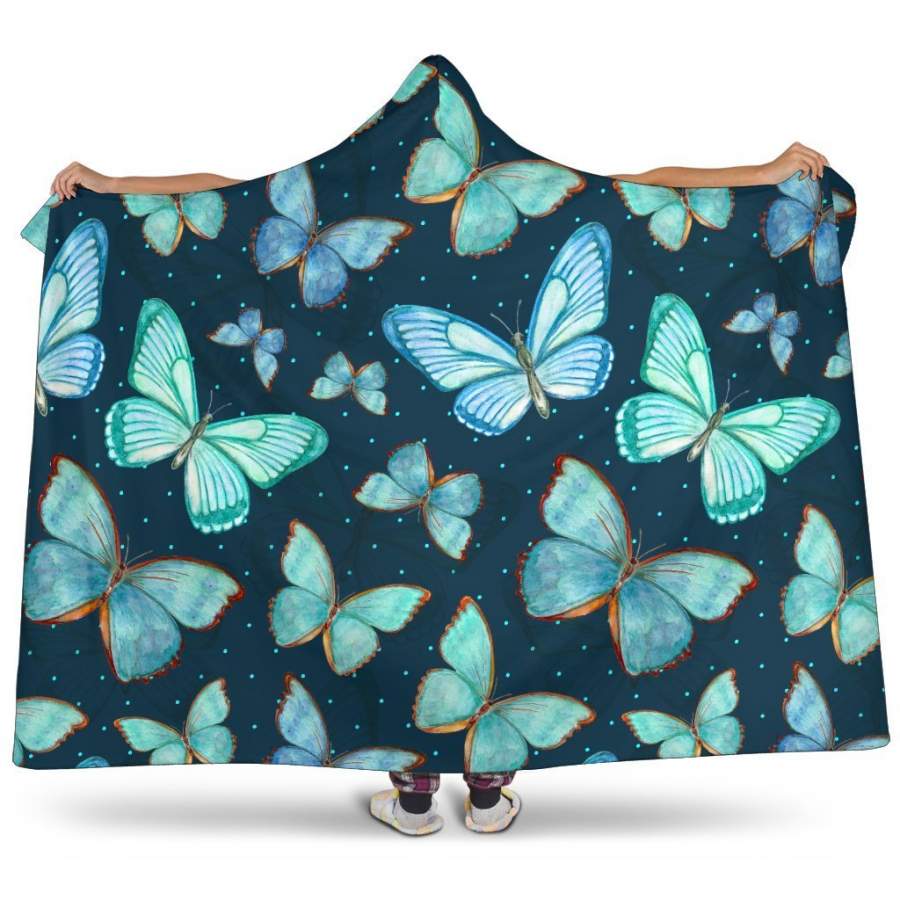 Watercolor Blue Butterfly Pattern Print Hooded Blanket