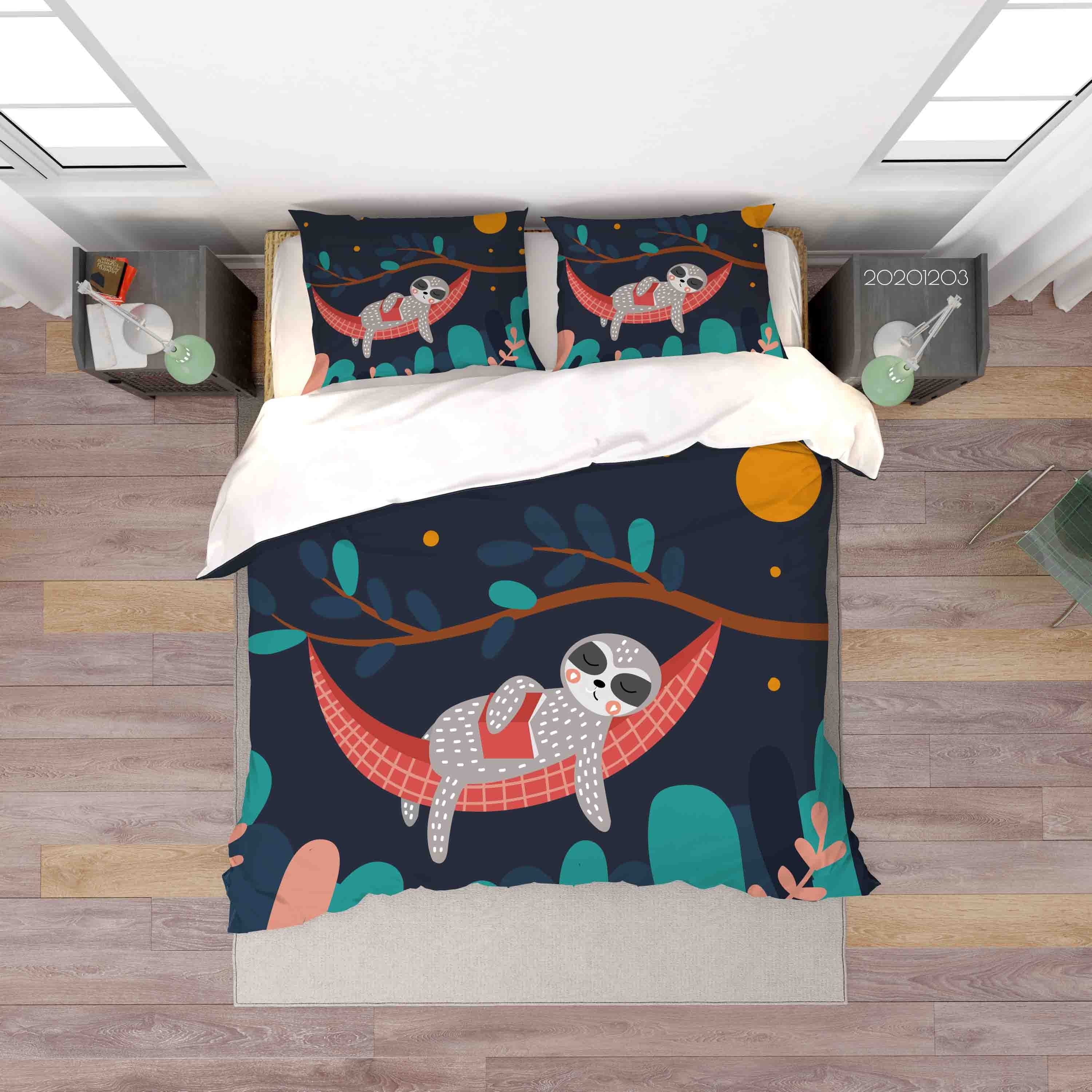 3D Cartoon Hand Drawn Sleeping Sloth Animal Moon Tree Quilt Cover Set Bedding Set Duvet Cover Pillowcases Lxl