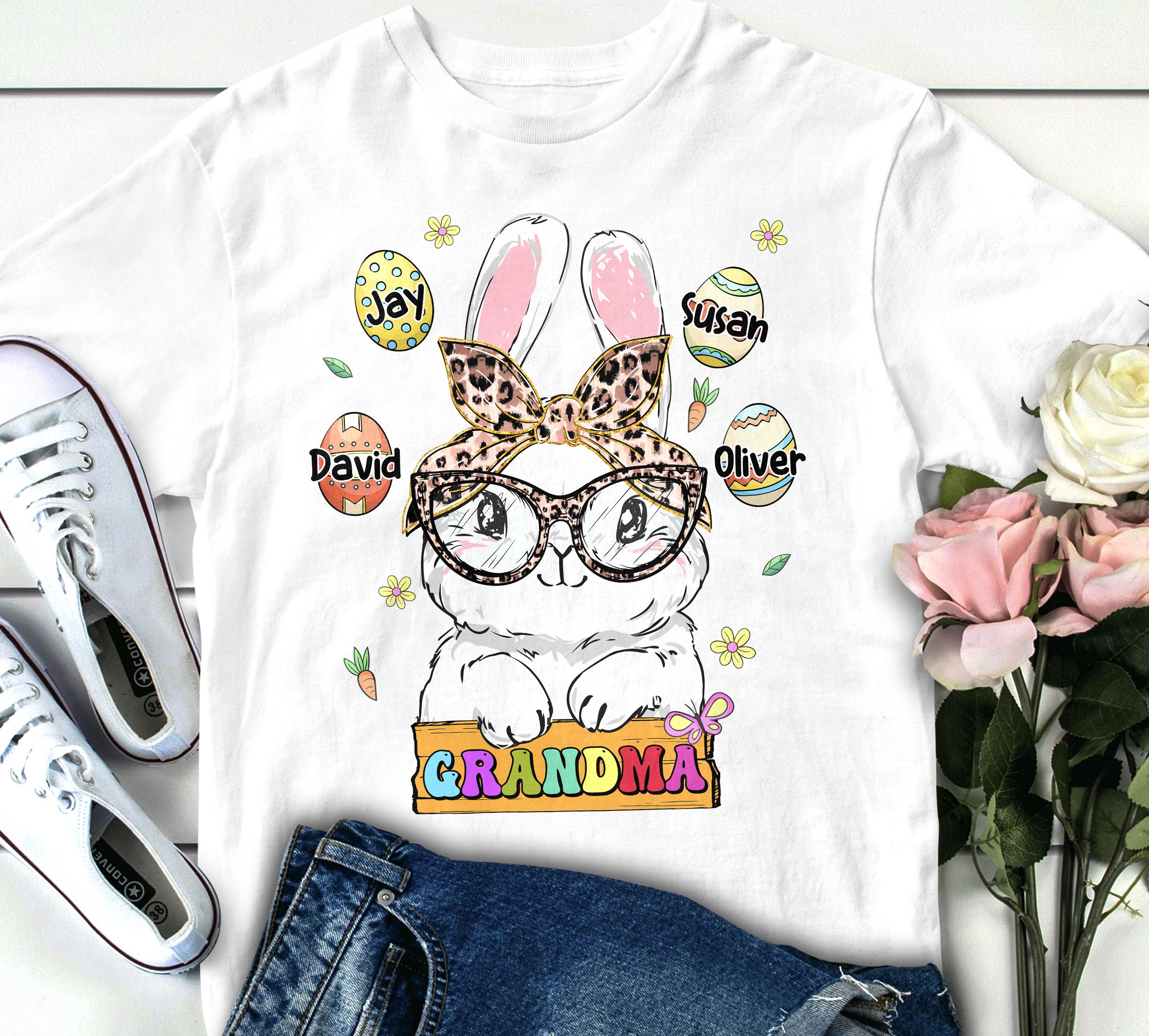 Personalized T-Shirt For Grandma Cute Bunny With Headband & Easter Eggs Printed Custom Grandkids Name Happy Easter Day