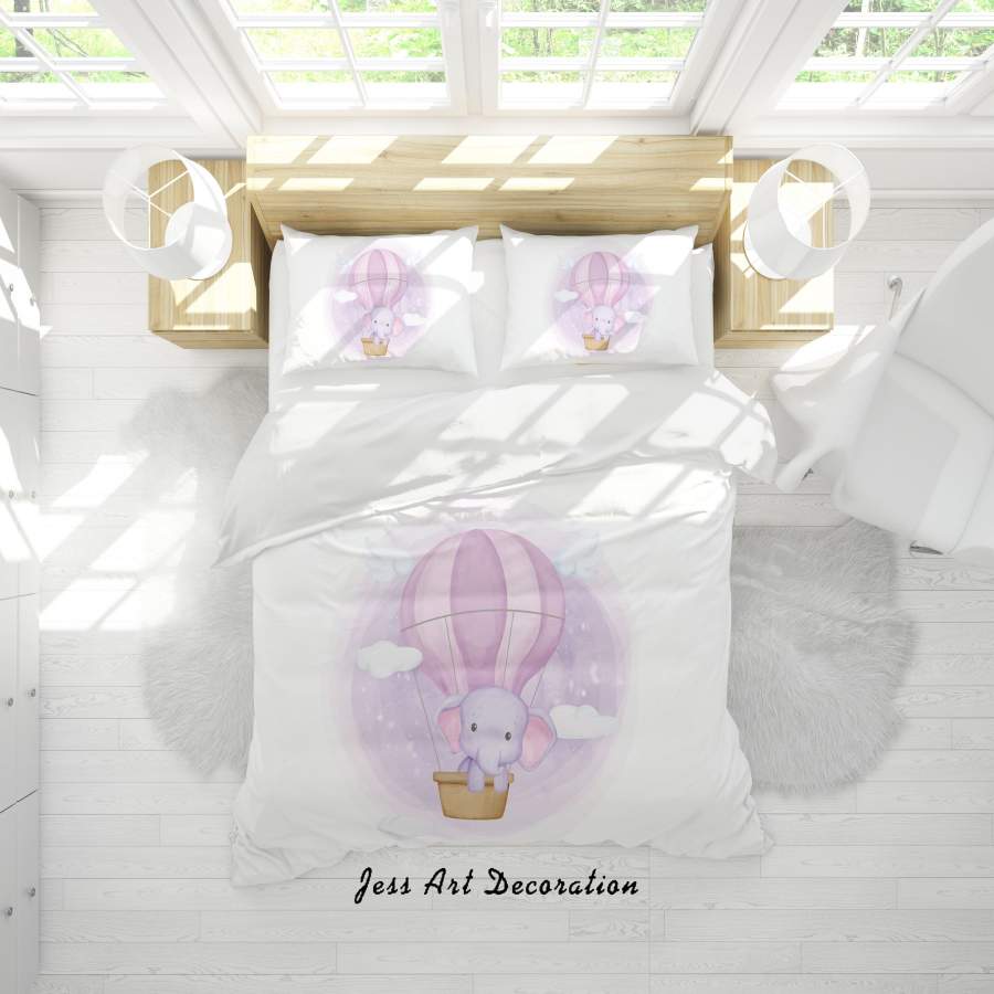 3D White Purple Elephant Hot Air Balloon Quilt Cover Set Bedding Set Duvet Cover Pillowcases SF03