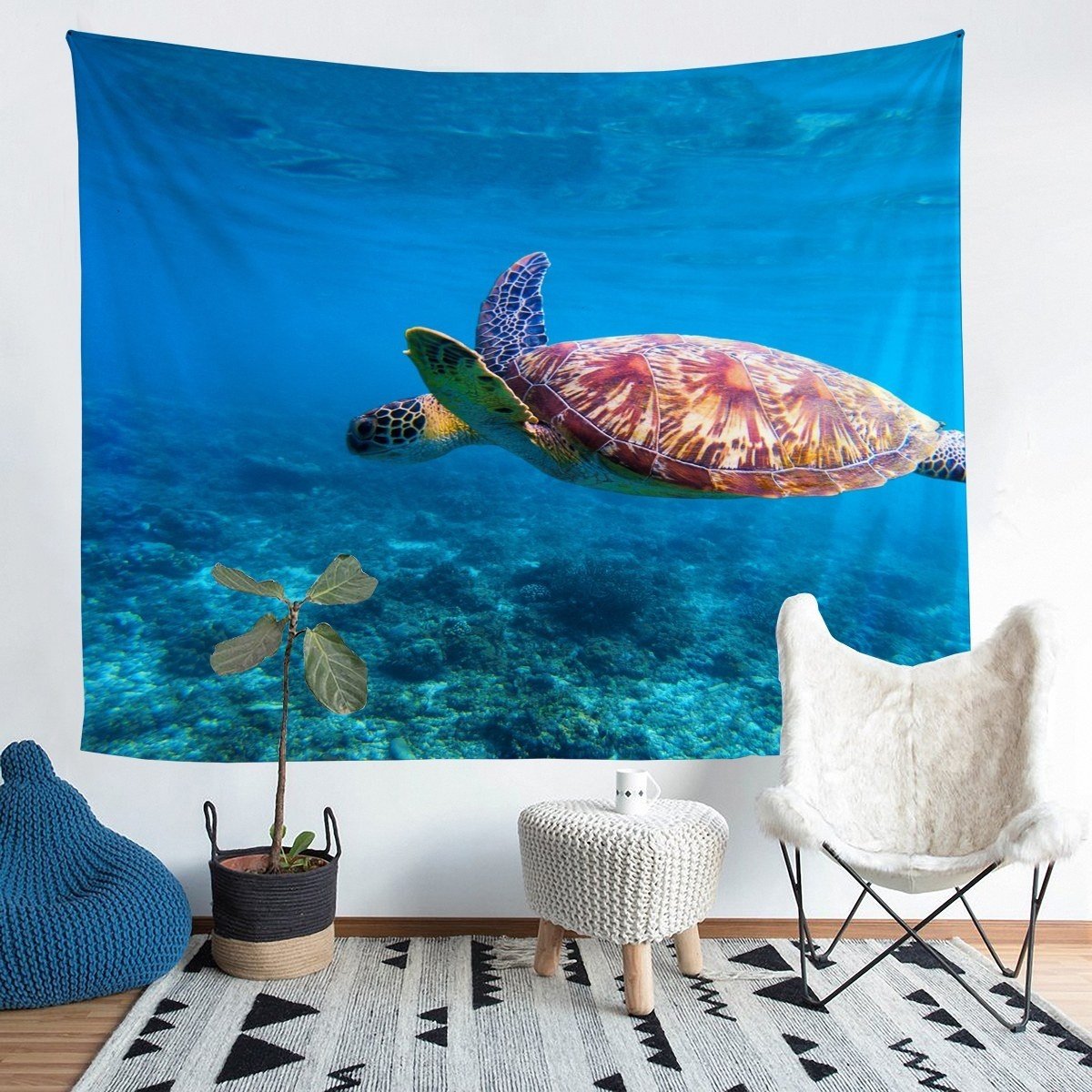 Sea Turtle Wall Blanket 3D Reptile Printed Tapestry for Kids Women Men Adults Ocean Marine Themed Decor Wall Hanging Blue Underwater Animal Wall Art