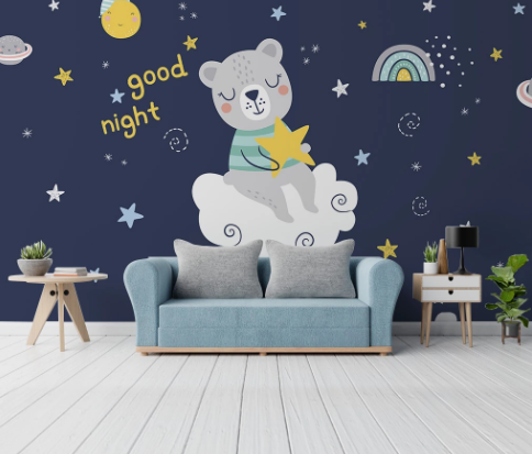 3D Cartoon Animal Bear Planet Star Wall Mural Wallpaper Lqh 613