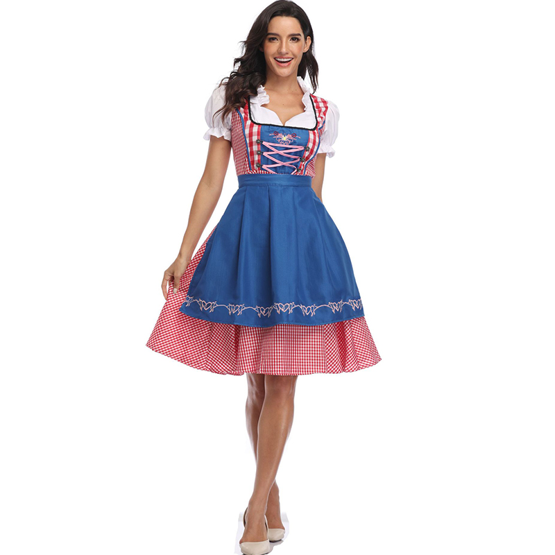 The New Lady Dirndl Oktoberfest Costume Bavarian National Pink Plaid Clubwear Cosplay Carnival Halloween Fancy Party Dress alx