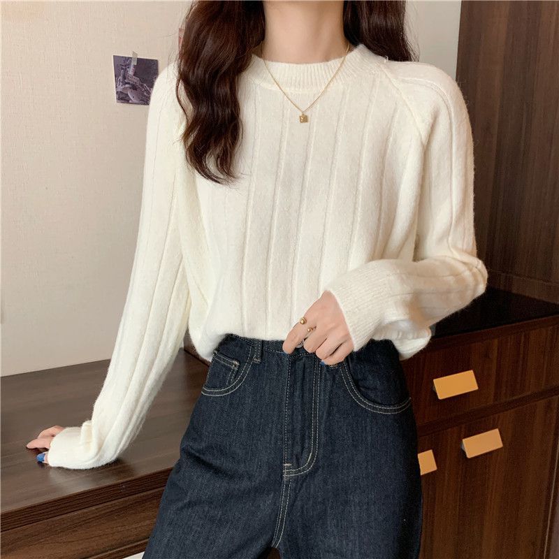 Women Ribbed Sweaters O-neck Pullovers Solid Simple Elegant Femme All-match Leisure Korean Style Fashion Knitting Crop Tops Cozy alx